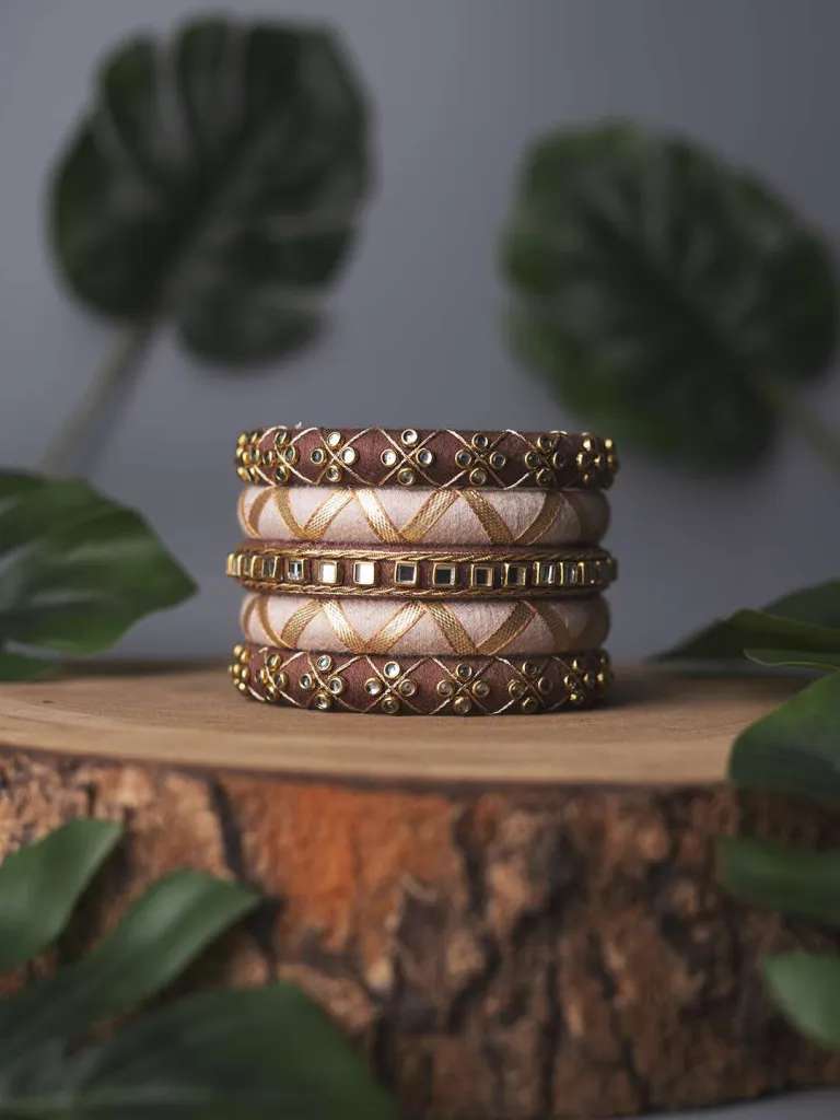 Rahi Kundan Silk Cotton Thread Bangles - Brown and Light Lilac